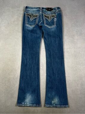 Miss Me Medium Wash Flared Jeans with White Contrast Stitching